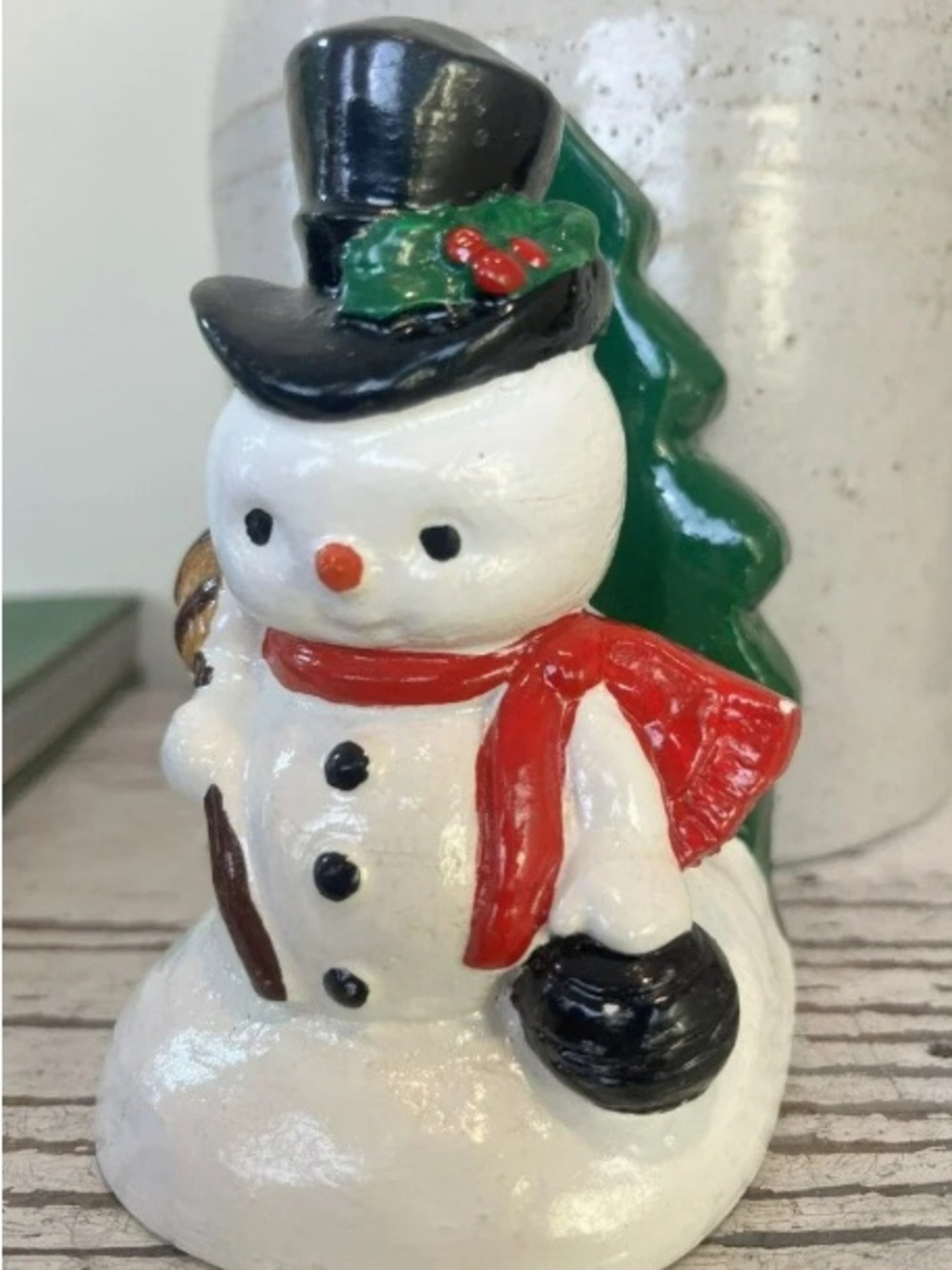 Festive White Snowman Figurine with Red Scarf and Black Hat